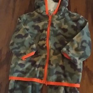 KIDS CAMO FLEECE PANTS & HOODIE with ORANGE VEST - SIZE 6-9 MONTHS